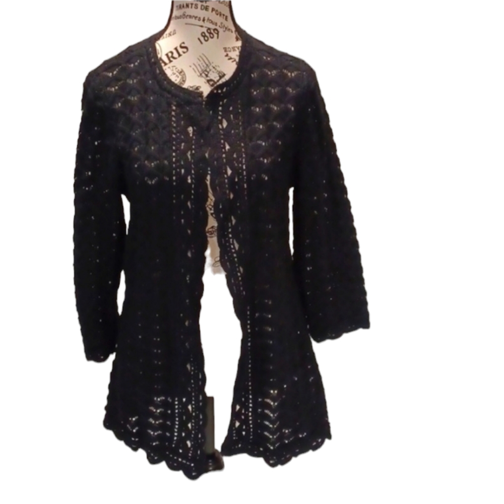 Isaac Mizrahi‎ Live Crochet Open Front Cardigan Black Sweater Size L